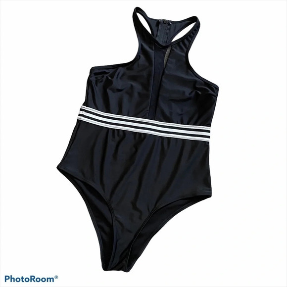 Shein Black Stripe Mesh-Panel One-Piece Swimsuit L - Picture 7 of 11